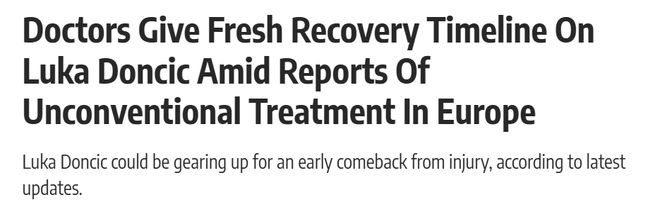 东契奇飞赴欧洲接受专科治疗 目标季后赛复出